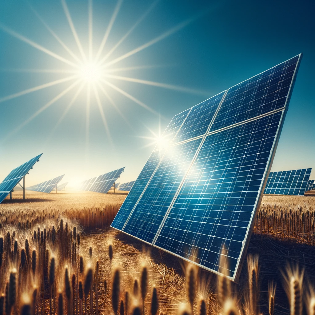 Bild på solceller ståendes på ett fält.