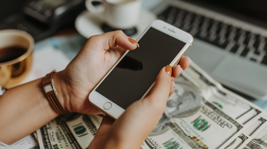 Händer som håller i mobiltelefon över sedlar